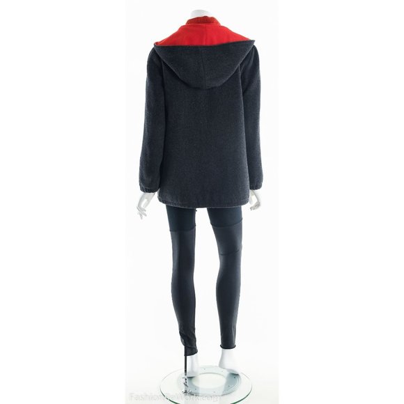Gray Wool Coat, Gray and Red Wool Coat, Wool Coat with Hoodie, Collegiate Wool C - Picture 5 of 8
